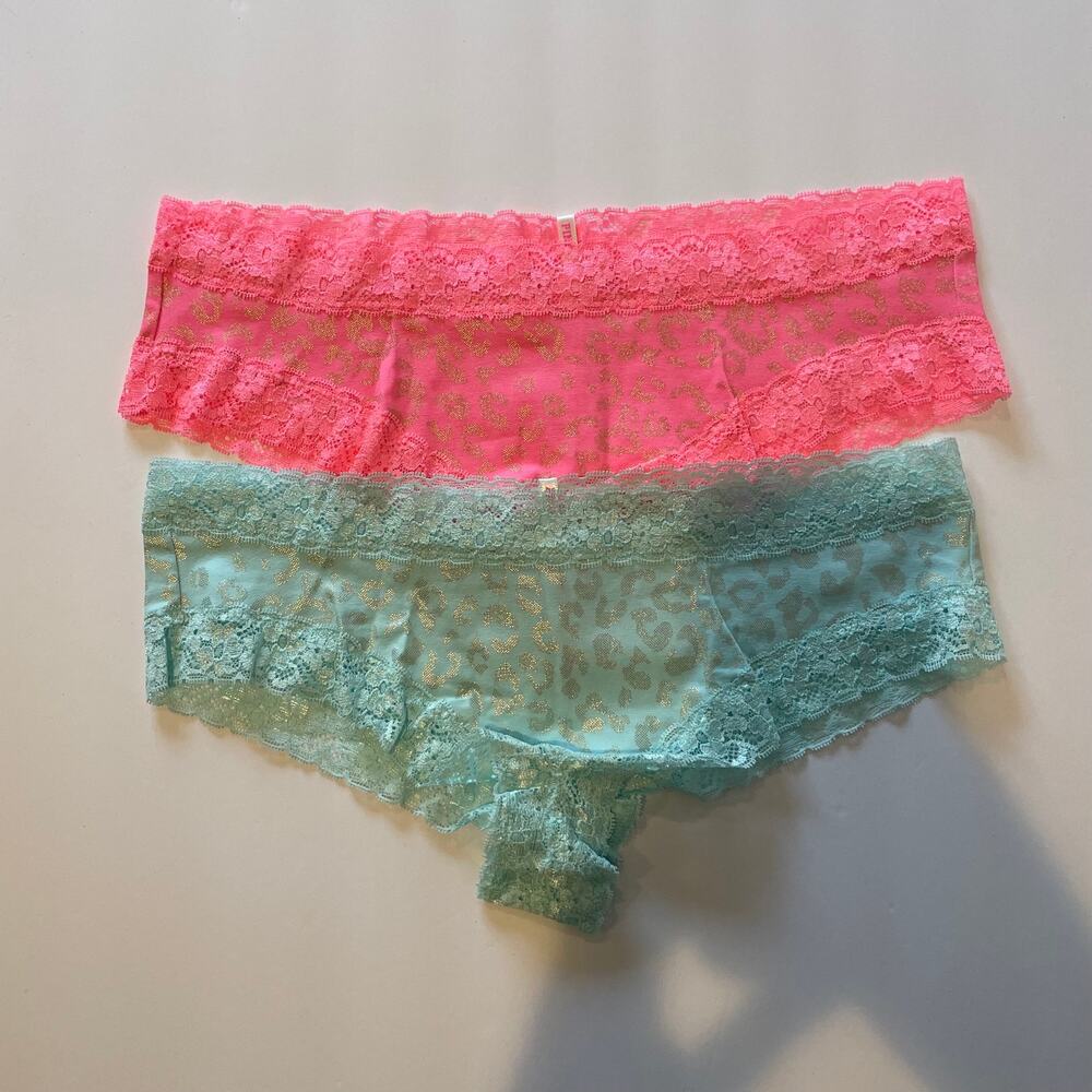 Victoria's Secret PINK Panties Womens Large Pink Green 2 Pair Cheeky Pastel Lace